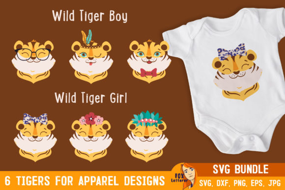 Tiger Boys and Girls. Head Animals Graphics and Illustrations